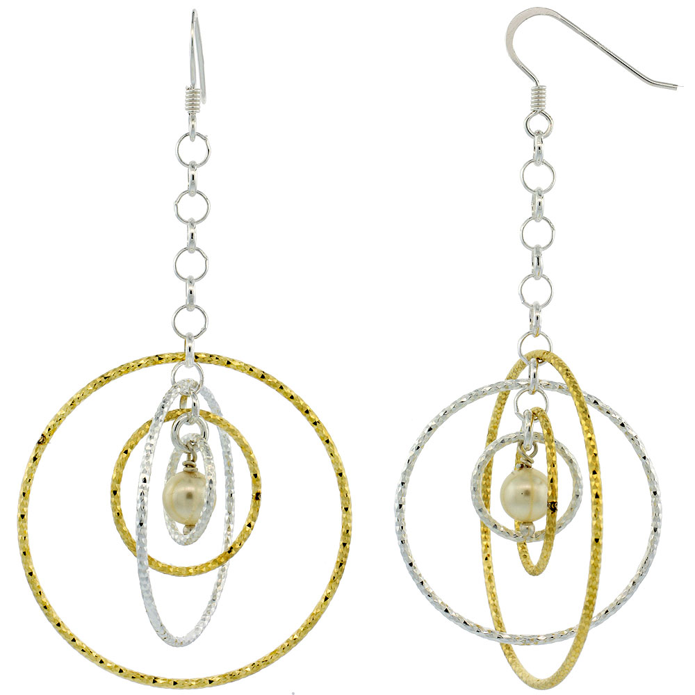 Sterling Silver Two-Tone Diamond Cut Tubing Dangling Circles Earrings Austrian Crystal Pearls 2-3/4 in. tall