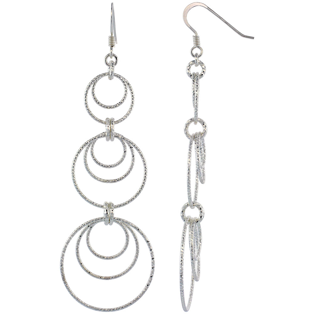 Sterling Silver Diamond Cut Tubing Graduated Dangling Circles Earrings 3-1/4 in. tall