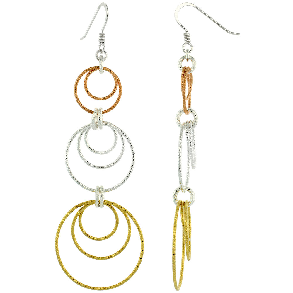 Sterling Silver Tri-Color Diamond Cut Tubing Graduated Dangling Circles Earrings 3-1/4 in. tall