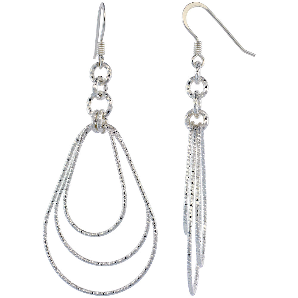 Sterling Silver Diamond Cut Tubing Dangling Teardrops Earrings 2-1/4 in. tall