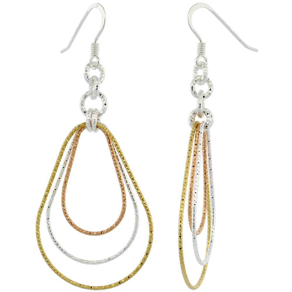 Sterling Silver Tri-Color Diamond Cut Tubing Dangling Teardrops Earrings 2-1/4 in. tall