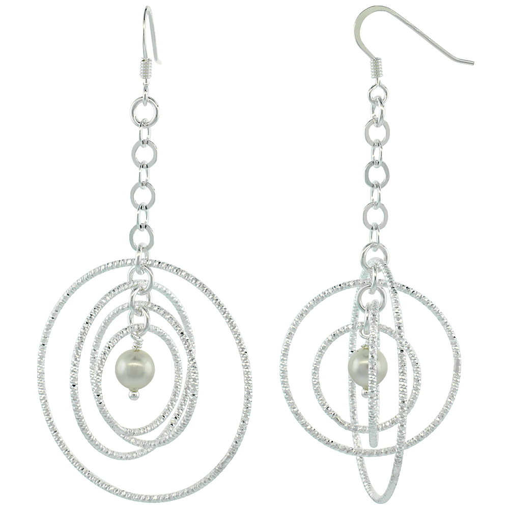 Sterling Silver Dangling Circles Earrings 69mm (2 3/4 inch) long Diamond Cut Tubing Austrian Crystal White Pearl Center