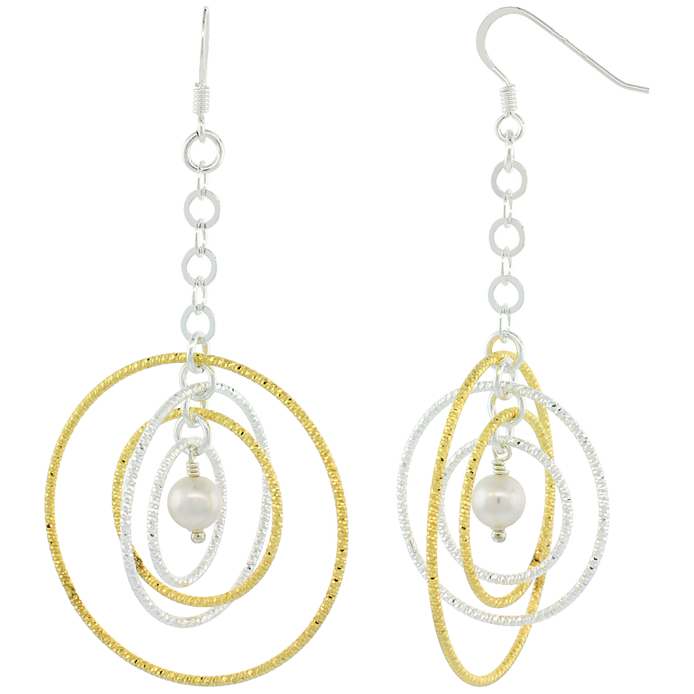 Sterling Silver Dangling Circles Earrings 69mm (2 3/4 inch) long Two-Tone Diamond Cut Tubing Austrian Crystal Cream Pearl Center