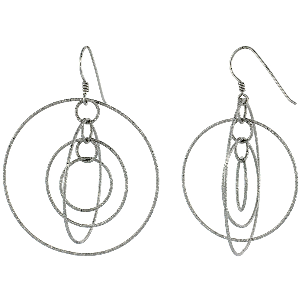 Sterling Silver Oblong and 3 Concentric Circles Dangling Earrings Womens Diamond Cut Rhodium Finish 2 3/8 inch tall