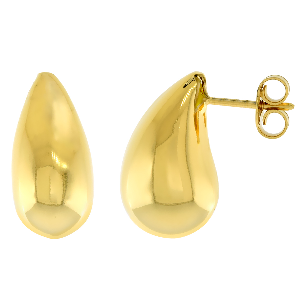Gold Plated Sterling Silver Post Stud Puffy Teardrop Earrings for Women Italy 3/4 inch tall