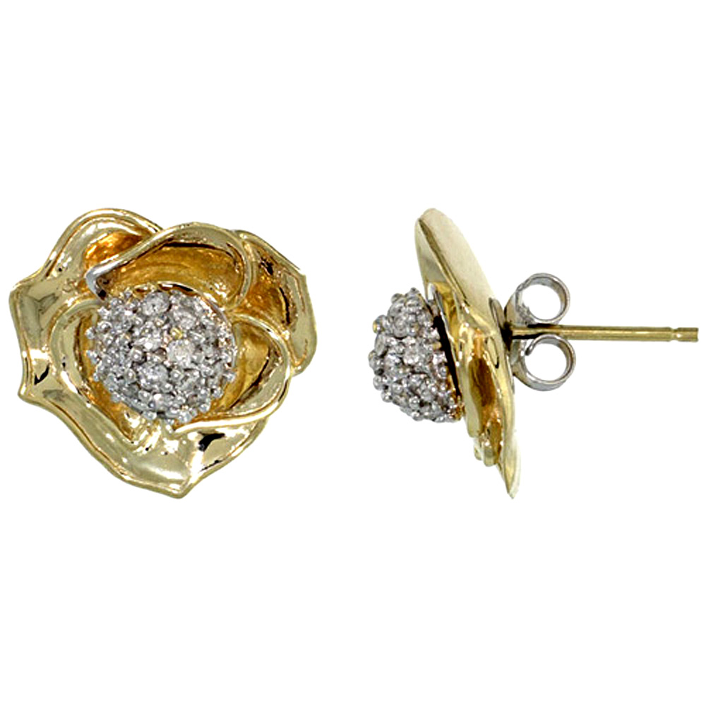 14K GOLD ROSE FLOWER EARRINGS W/ 0.40 CARAT BRILLIANT CUT ( H-I COLOR; VS2-SI1 CLARITY ) DIAMONDS