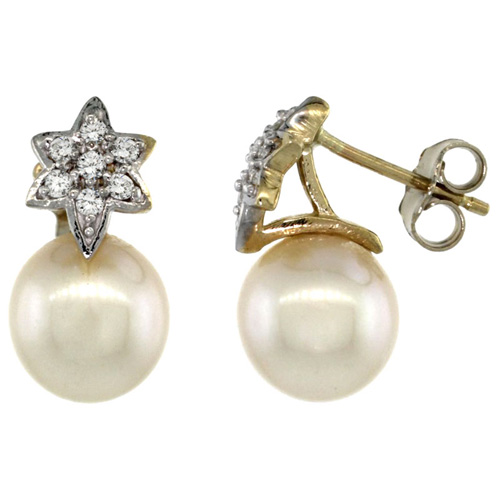 14k Gold Flower Pearl Earrings w/ 0.14 Carat Brilliant Cut ( H-I Color; VS2-SI1 Clarity ) Diamonds &amp; 8mm White Pearls