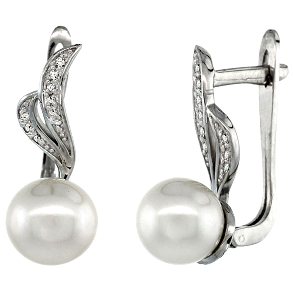14K WHITE GOLD 0.12 CT DIAMOND 8MM WHITE PEARL LEVER BACK EARRINGS RIBBON 7/8 INCH LONG