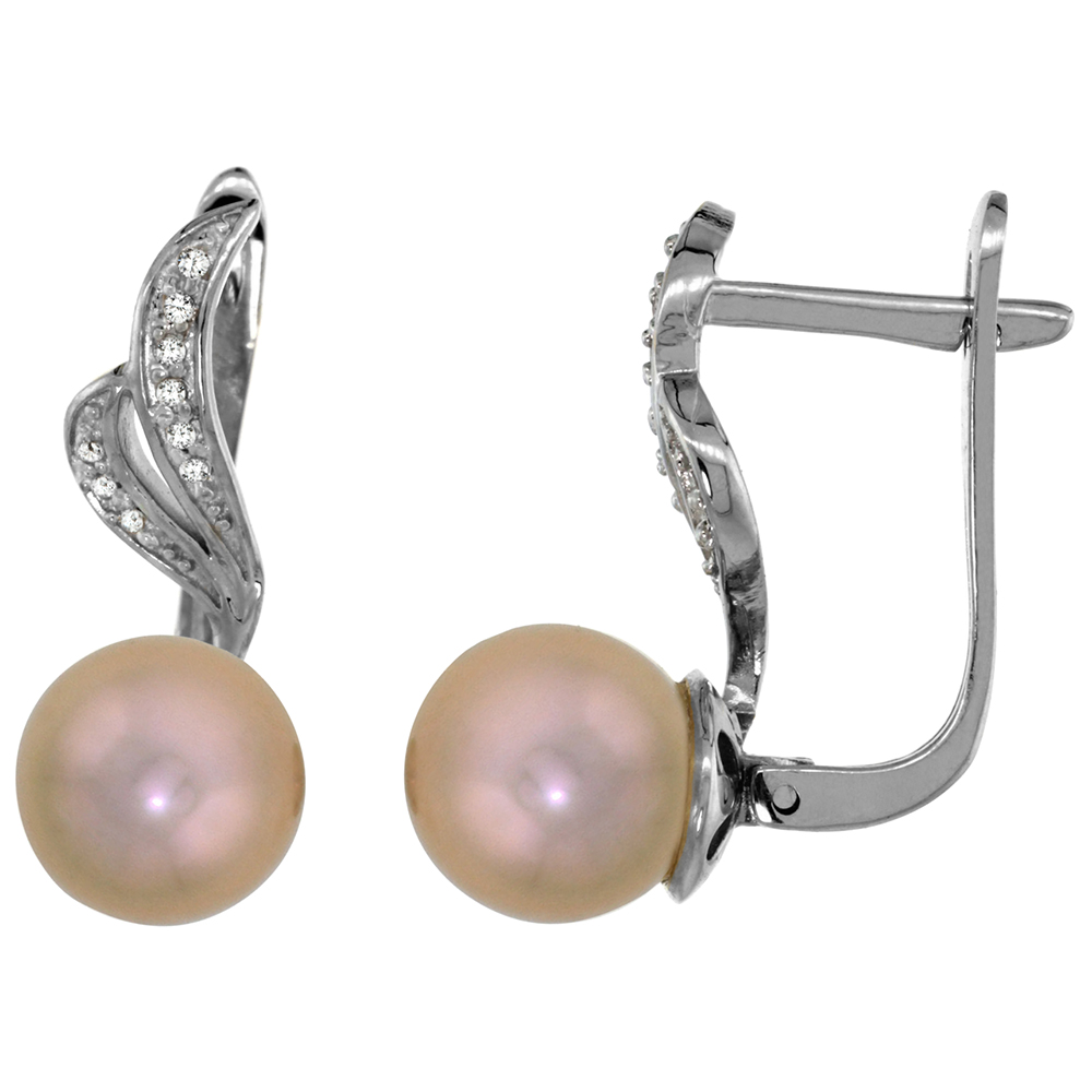 14K WHITE GOLD 0.12 CT DIAMOND 8MM BROWN PEARL LEVER BACK EARRINGS RIBBON 7/8 INCH LONG