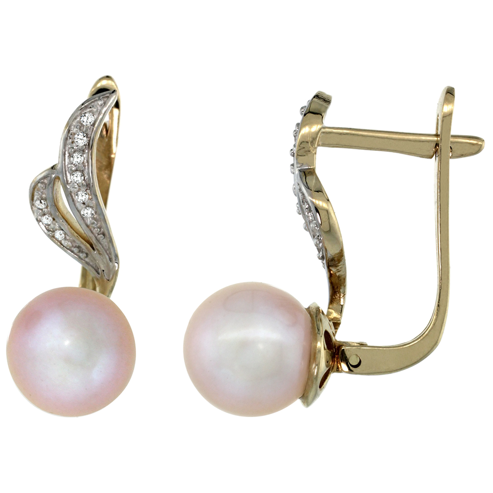 14k Yellow Gold 0.12 ct Diamond 8mm Pink Pearl Lever Back Earrings Ribbon 7/8 inch long
