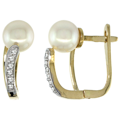 14k Gold Pearl Earrings w/ 0.13 Carat Brilliant Cut ( H-I Color; VS2-SI1 Clarity ) Diamonds &amp; 7mm White Pearls