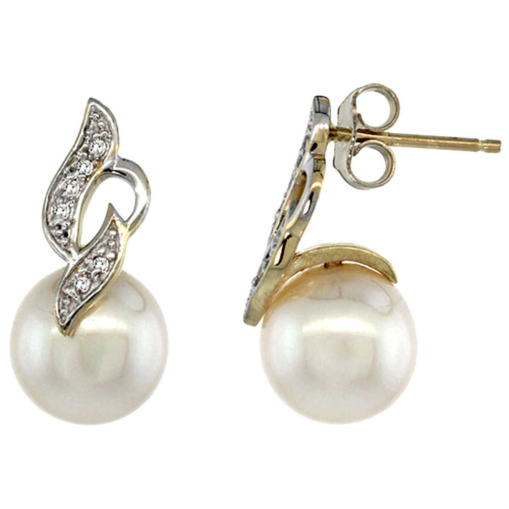 14K GOLD WAVY PEARL EARRINGS W/ 0.038 CARAT BRILLIANT CUT ( H-I COLOR; VS2-SI1 CLARITY ) DIAMONDS & 9MM WHITE PEARLS, 7/8 IN. (22MM) TALL