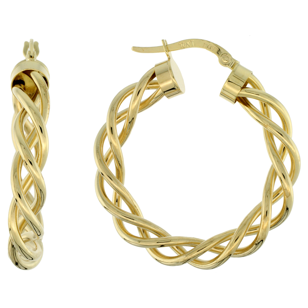 10K YELLOW GOLD HOOP EARRINGS TWISTED ROPE TUBING HIGH POLISH FINISH ITALY 1 1/8 INCH