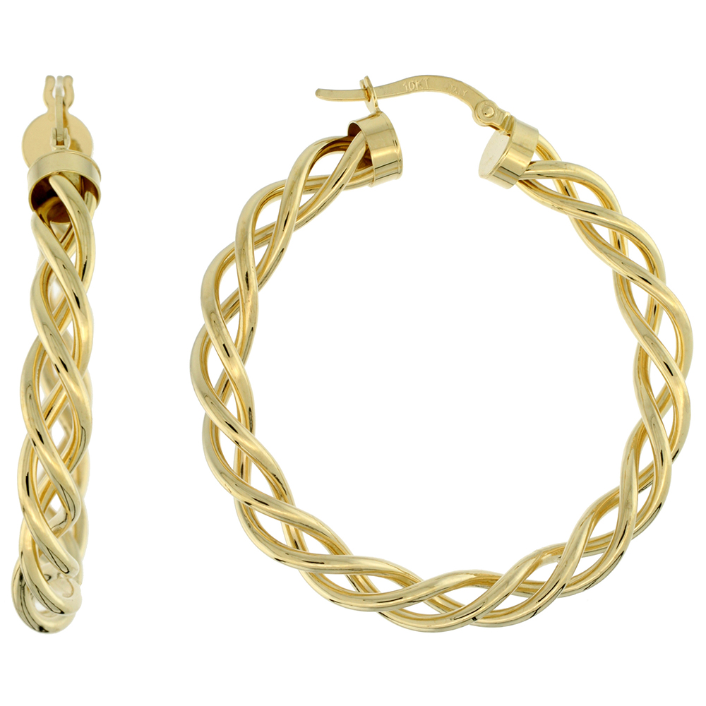 10K YELLOW GOLD HOOP EARRINGS TWISTED ROPE TUBING HIGH POLISH FINISH ITALY 1 1/2 INCH