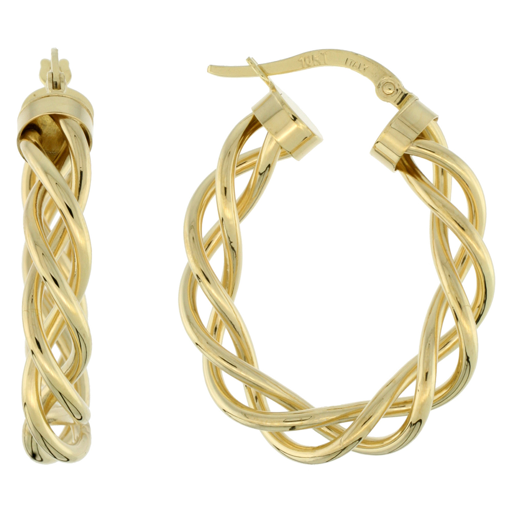 10K Yellow Gold Oval Hoop Earrings Twisted Rope Tubing High Polish Finish Italy 1 inch