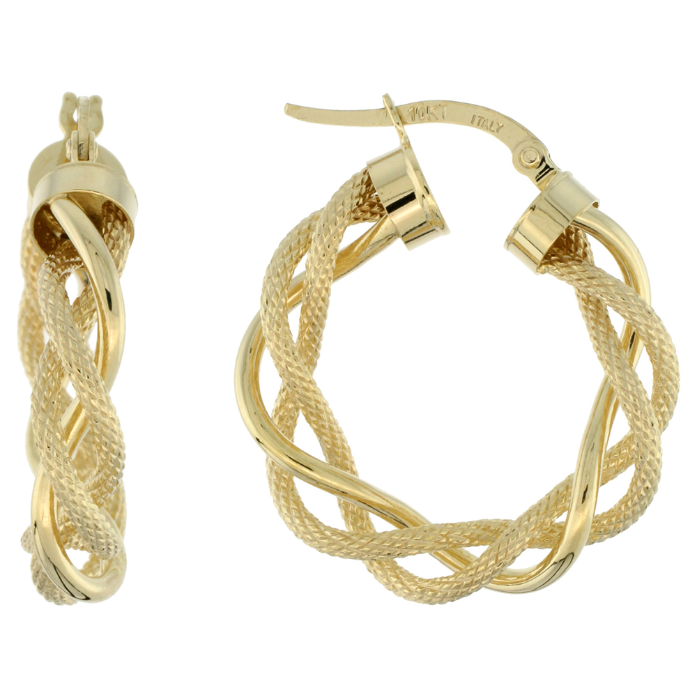 10K YELLOW GOLD HOOP EARRINGS TWISTED ROPE TUBING TWO TONE TEXTURED FINISH ITALY 1 INCH