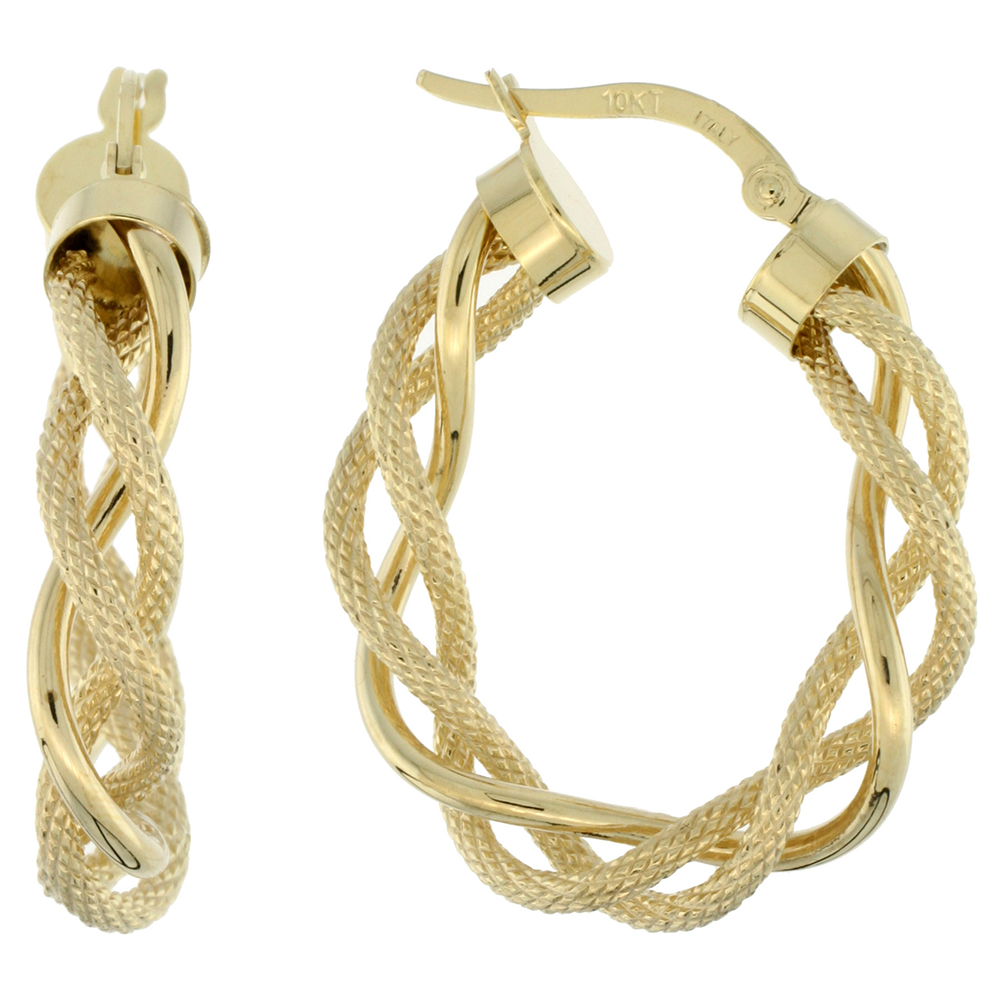 10K Yellow Gold Oval Hoop Earrings Twisted Rope Tubing Two tone Textured Finish Italy 1 inch