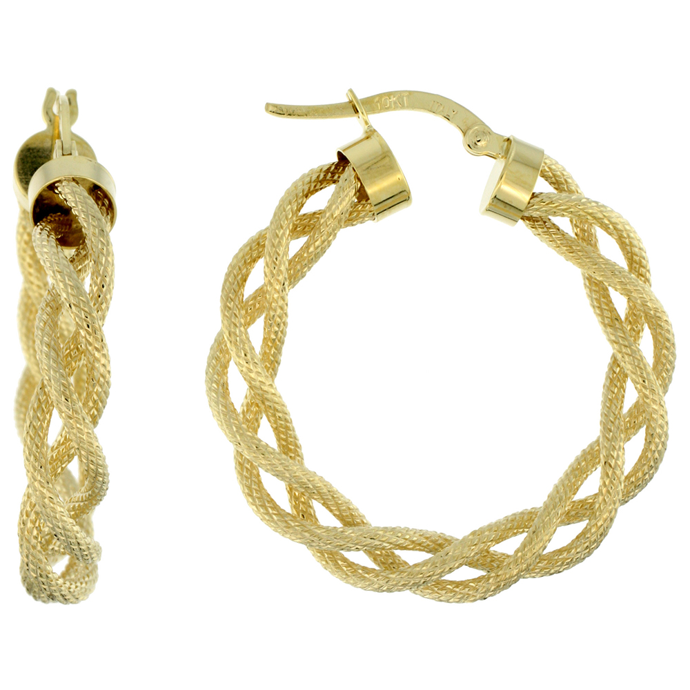 10K YELLOW GOLD HOOP EARRINGS TWISTED ROPE TUBING TEXTURED FINISH ITALY 1 1/8 INCH