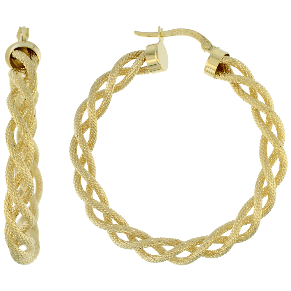 10K YELLOW GOLD HOOP EARRINGS TWISTED ROPE TUBING TEXTURED FINISH ITALY 1 1/2 INCH