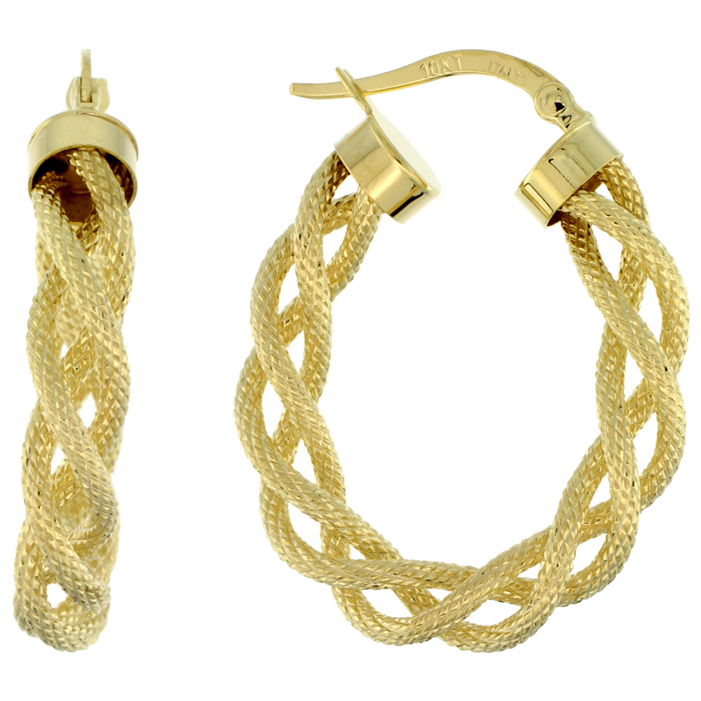 10K YELLOW GOLD OVAL HOOP EARRINGS TWISTED ROPE TUBING TEXTURED FINISH ITALY 1 INCH