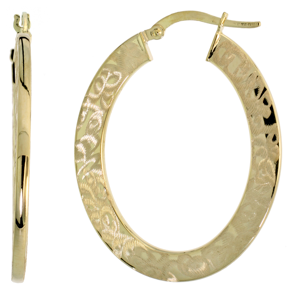 10K YELLOW GOLD FLAT HOOP EARRINGS OVAL SHAPE ABSTRACT BRUSH FINISH ITALY 1 7/16 INCH