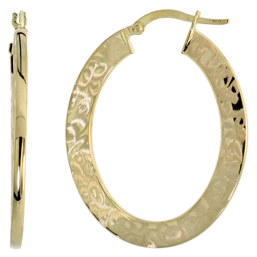 10K Yellow Gold Flat Hoop Earrings Oval Shape Abstract Brush Finish Italy 1 7/16 inch