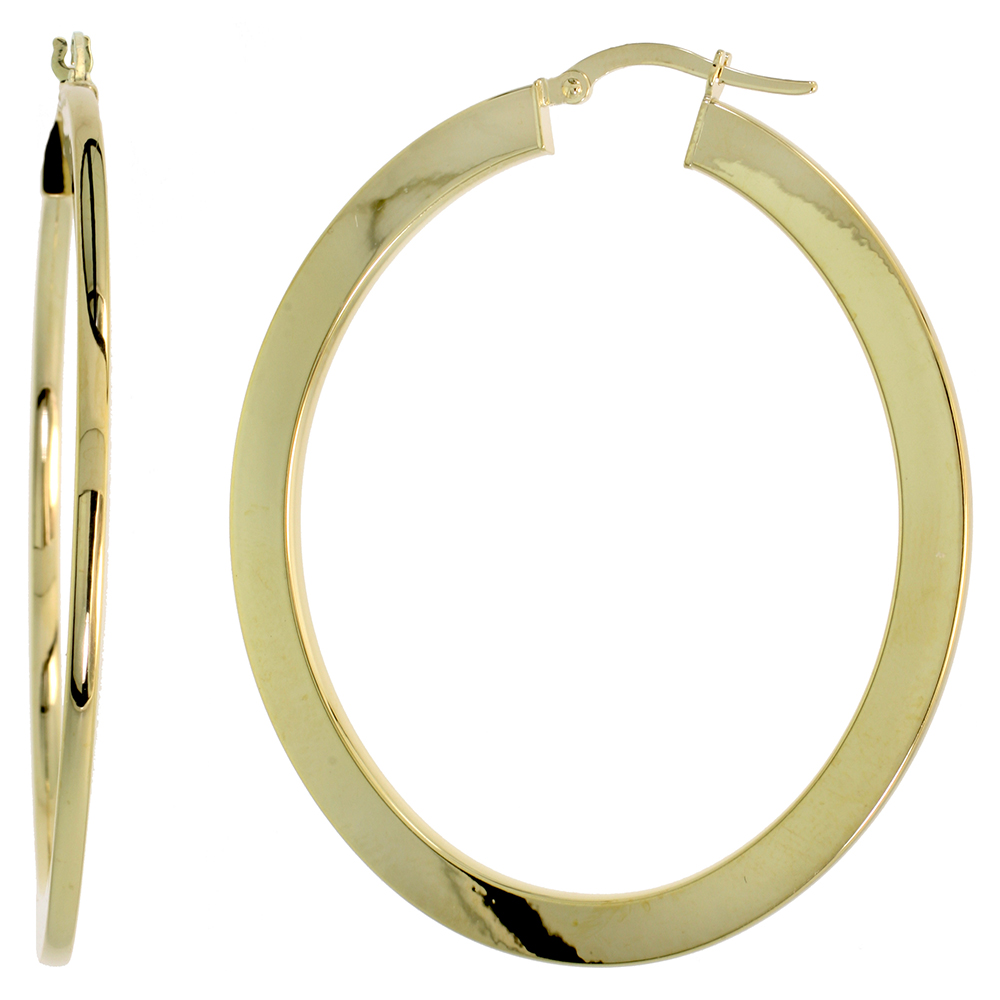 10K YELLOW GOLD FLAT HOOP EARRINGS OVAL SHAPE HIGH POLISHED ITALY 2 1/16 INCH