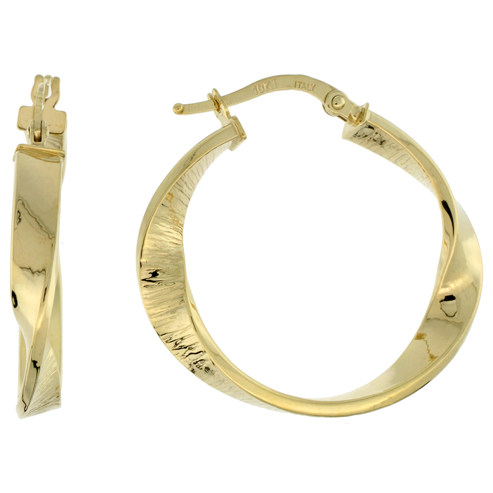 10K YELLOW GOLD HOOP EARRINGS TWISTED FLAT TUBING TEXTURED FINISH ITALY 1 1/8 INCH