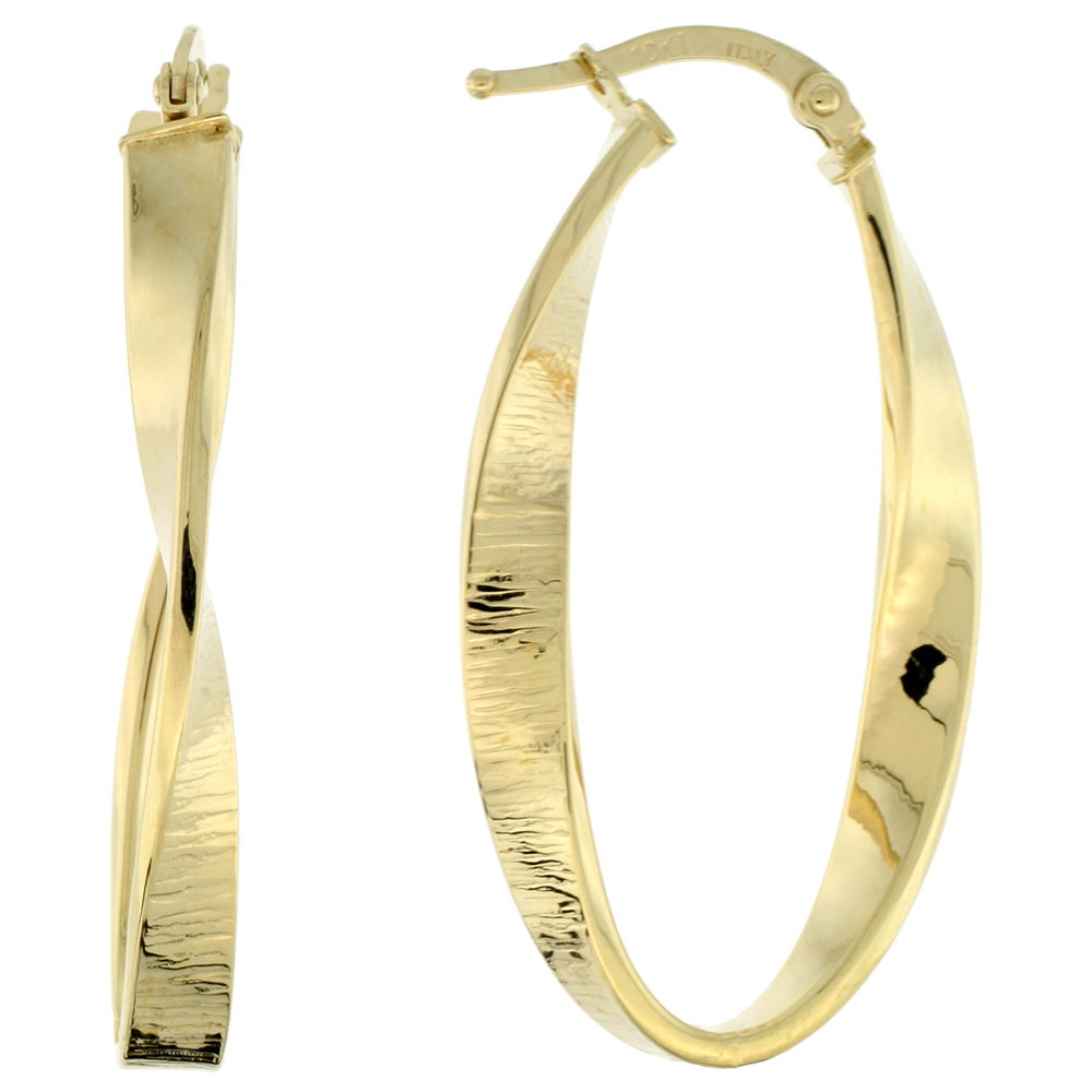 10K YELLOW GOLD OVAL HOOP EARRINGS TWISTED FLAT TUBING TEXTURED FINISH ITALY 1 3/8 INCH