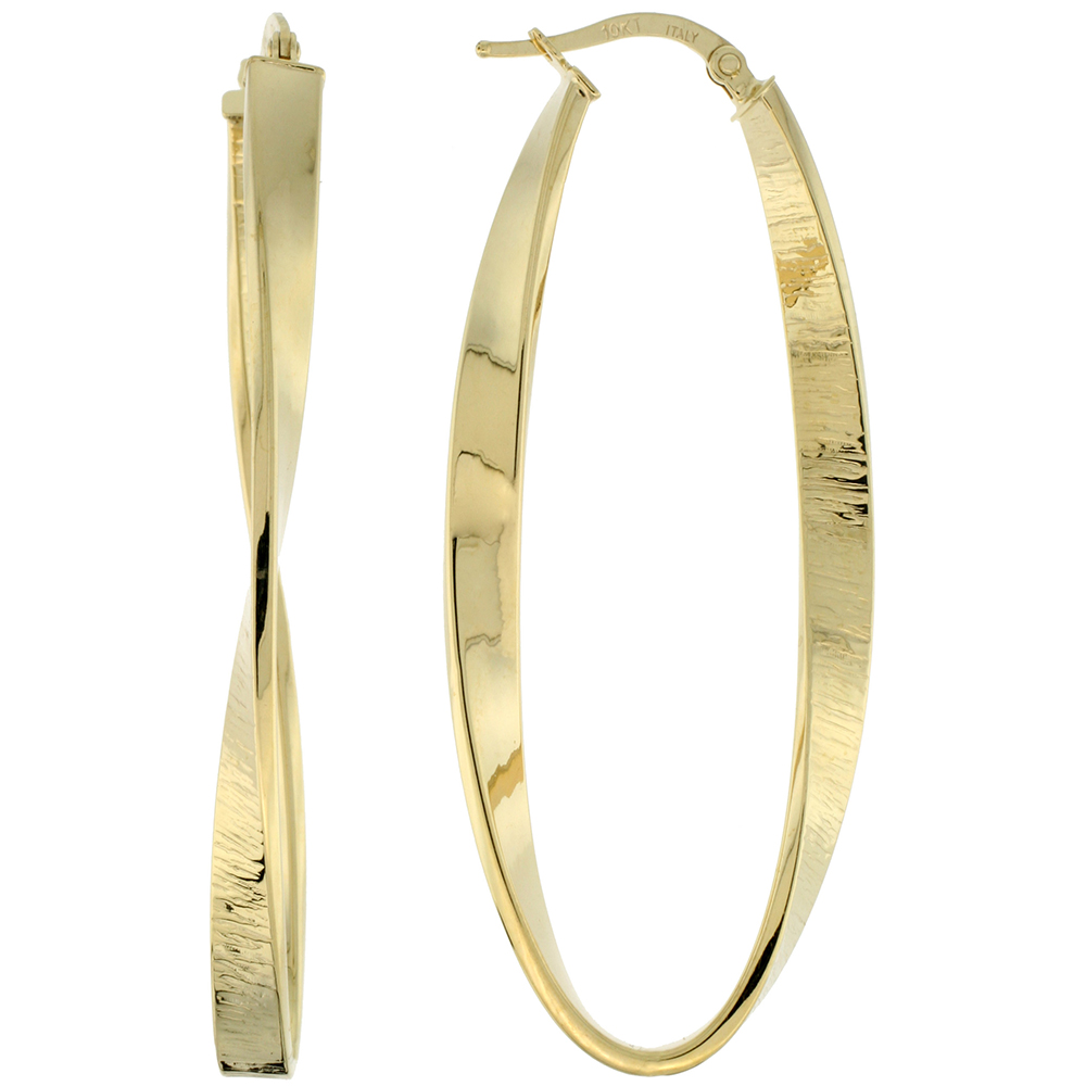 10K Yellow Gold Oval Hoop Earrings Twisted Flat Tubing Textured Finish Italy 2 inch