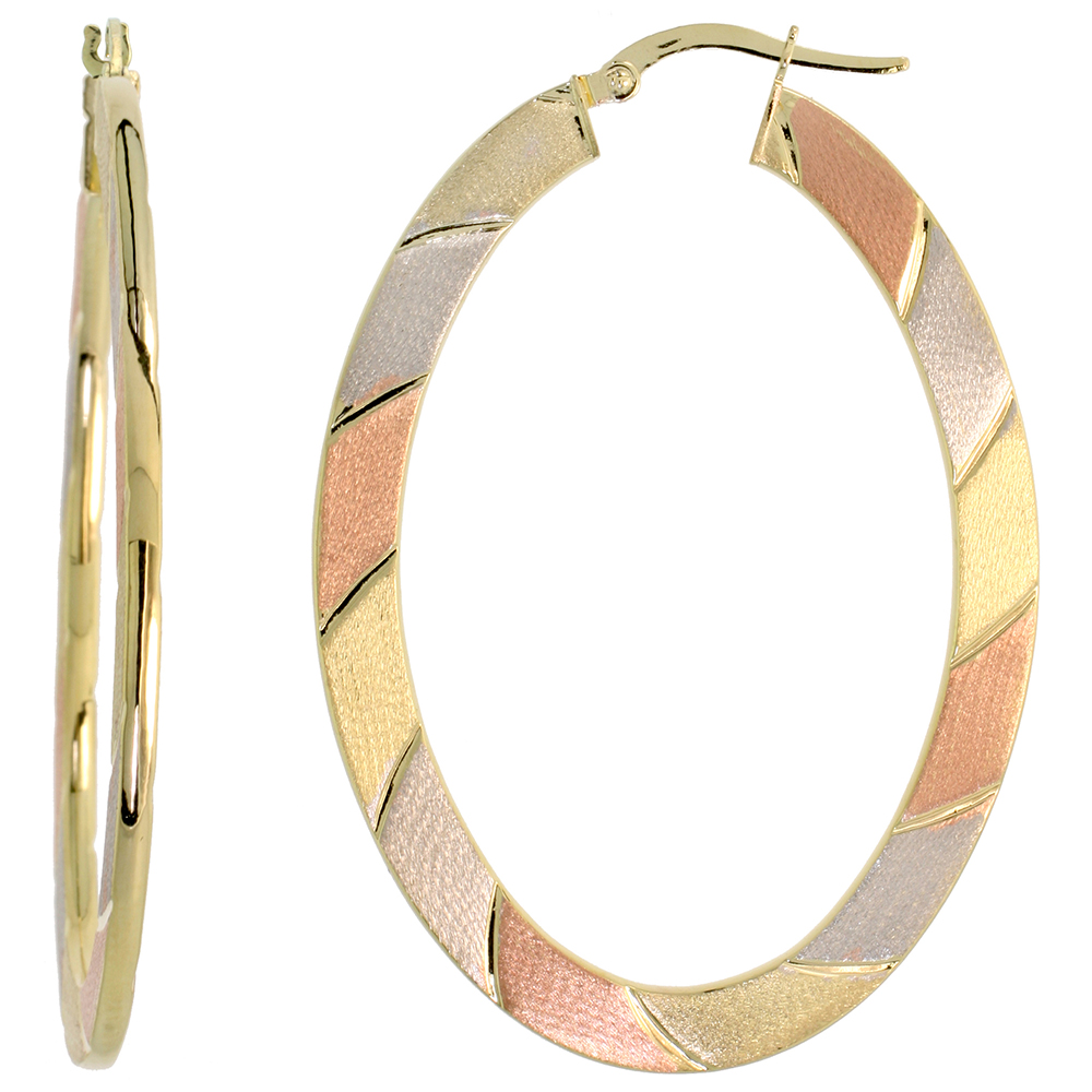 10K TRI COLOR GOLD FLAT HOOP EARRINGS OVAL SHAPE DIAGONAL ROSE WHITE YELLOW STRIPES ITALY 2 INCH