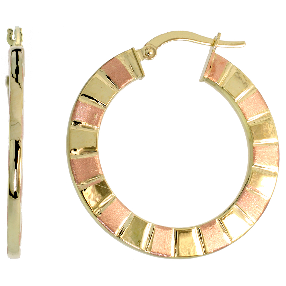 10K TWO TONE GOLD FLAT HOOP EARRINGS YELLOW AND ROSE STRIPE PATTERN ITALY 1 3/16 INCH