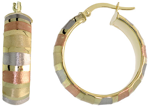 10K TRI COLOR GOLD HOOP EARRINGS VERTICAL ROSE WHITE YELLOW STRIPE PATTERN ITALY 1 1/8 INCH