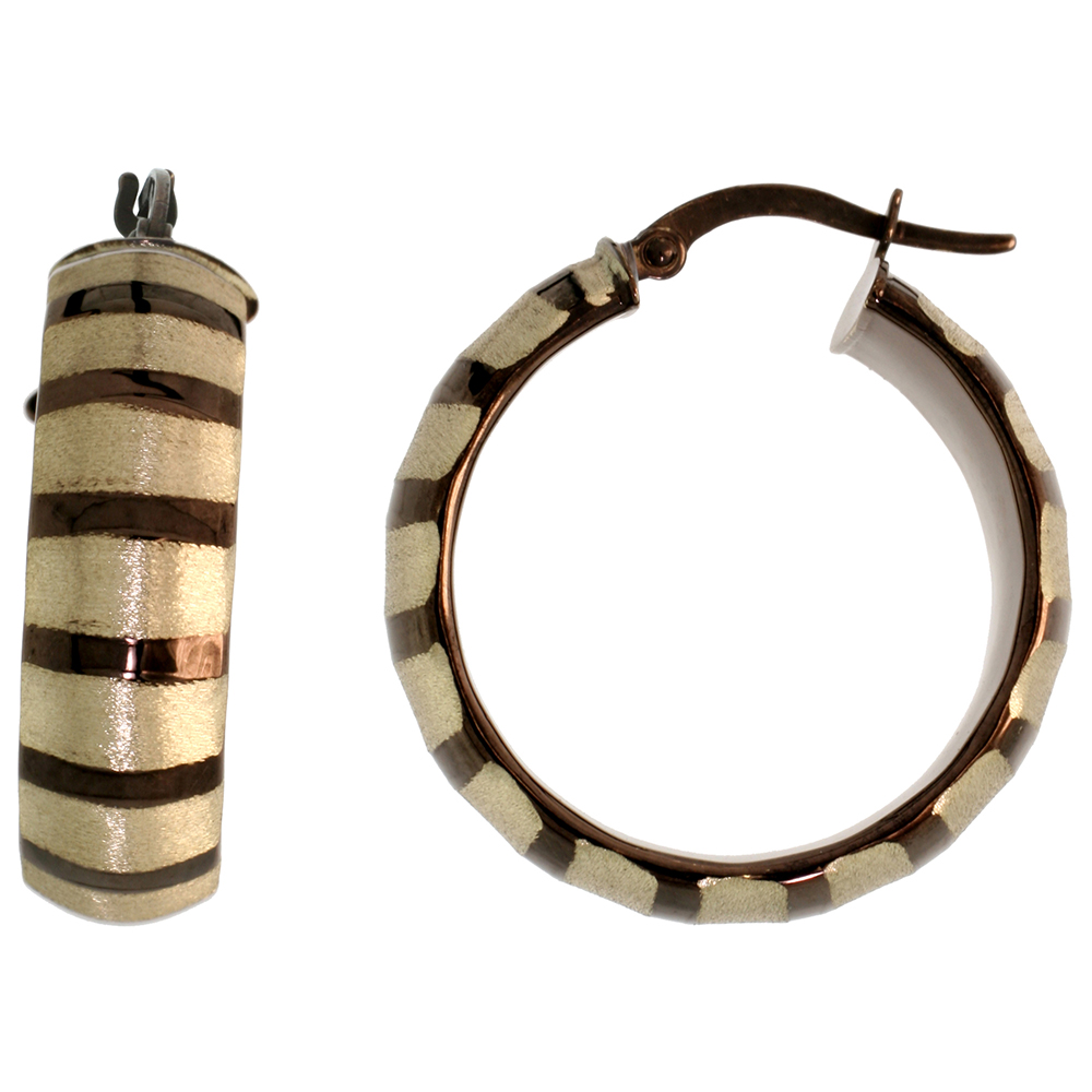 10K TWO TONE GOLD HOOP EARRINGS HORIZANTAL CHOCOLATE TWO TONE STRIPE PATTERN ITALY 1 1/8 INCH