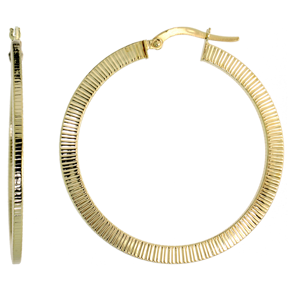 10K YELLOW GOLD FLAT HOOP EARRINGS COIN EDGE PATTERN ITALY 1 1/2 INCH