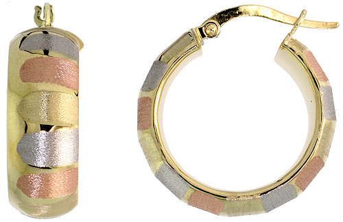 10K TRI COLOR GOLD HOOP EARRINGS ARCHED ROSE WHITE YELLOW STRIPE PATTERN ITALY 7/8 INCH