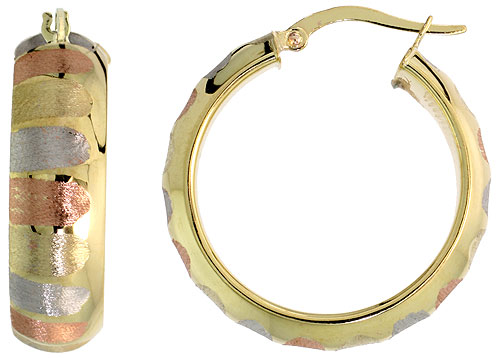 10K TRI COLOR GOLD HOOP EARRINGS ARCHED ROSE WHITE YELLOW STRIPE PATTERN ITALY 1 1/8 INCH