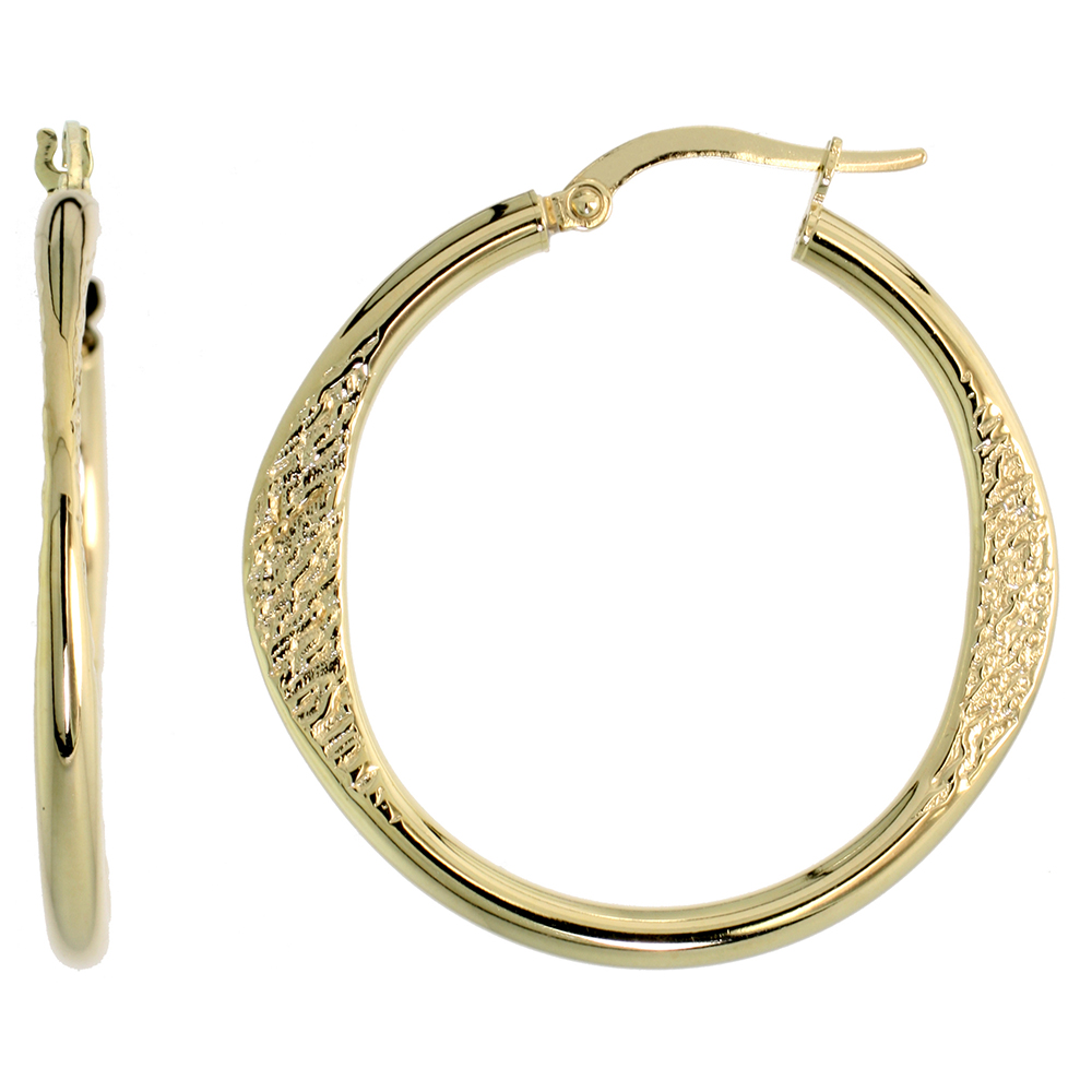 10K YELLOW GOLD HOOP EARRINGS DABBED AND TEXTURED ITALY 1 5/16 INCH