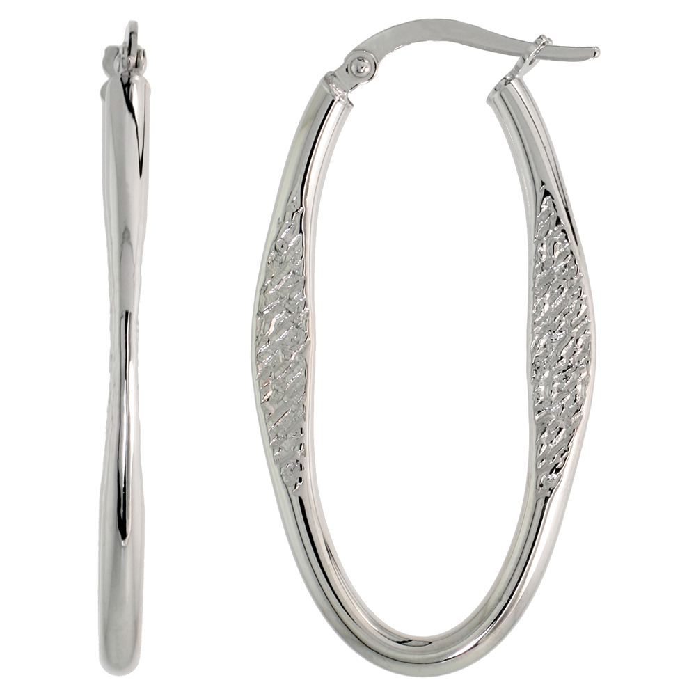 10K WHITE GOLD OVAL HOOP EARRINGS DABBED AND TEXTURED ITALY 1 1/2 INCH