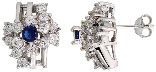 STERLING SILVER BLUE SAPPHIRE COLOR CUBIC ZIRCONIA COCKTAIL EARRINGS RHODIUM FINISH 1/2 INCH LONG