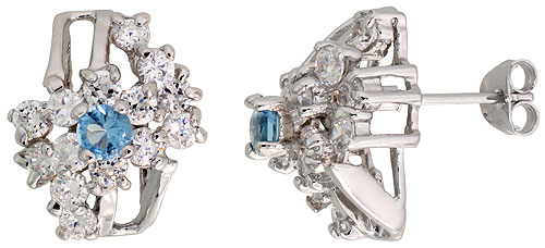 STERLING SILVER BLUE TOPAZ COLOR CUBIC ZIRCONIA COCKTAIL EARRINGS RHODIUM FINISH 1/2 INCH LONG