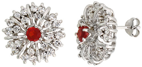 Sterling Silver Garnet Cubic Zirconia Starburst Earrings Rhodium finish, 1/2 inch long