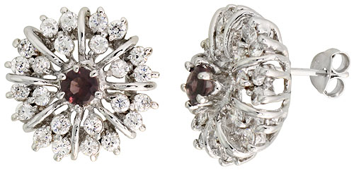 STERLING SILVER AMETHYST PURPLE COLOR CUBIC ZIRCONIA STARBURST EARRINGS RHODIUM FINISH 1/2 INCH LONG