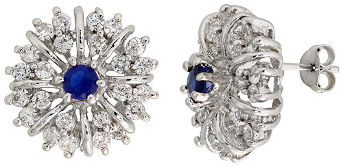 STERLING SILVER BLUE SAPPHIRE COLOR CUBIC ZIRCONIA STARBURST EARRINGS RHODIUM FINISH 1/2 INCH LONG