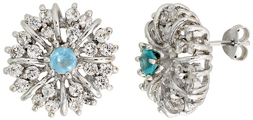 STERLING SILVER BLUE TOPAZ COLOR CUBIC ZIRCONIA STARBURST EARRINGS RHODIUM FINISH 1/2 INCH LONG