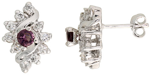 STERLING SILVER AMETHYST PURPLE COLOR CUBIC ZIRCONIA EARRINGS DIAMOND-SHAPE RHODIUM FINISH 1/2 INCH LONG