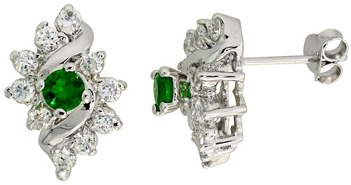 Sterling Silver Emerald Cubic Zirconia Earrings Diamond Shape Rhodium finish, 1/2 inch long