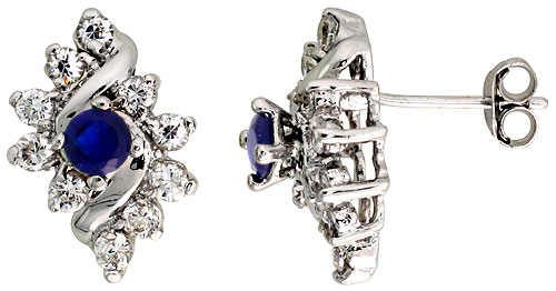 STERLING SILVER BLUE SAPPHIRE COLOR CUBIC ZIRCONIA EARRINGS DIAMOND-SHAPE RHODIUM FINISH 1/2 INCH LONG