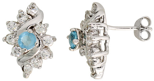STERLING SILVER BLUE TOPAZ COLOR CUBIC ZIRCONIA EARRINGS DIAMOND-SHAPE RHODIUM FINISH 1/2 INCH LONG