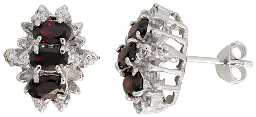 Sterling Silver Garnet Cubic Zirconia Earrings Oval Shape Rhodium finish, 1/2 inch long